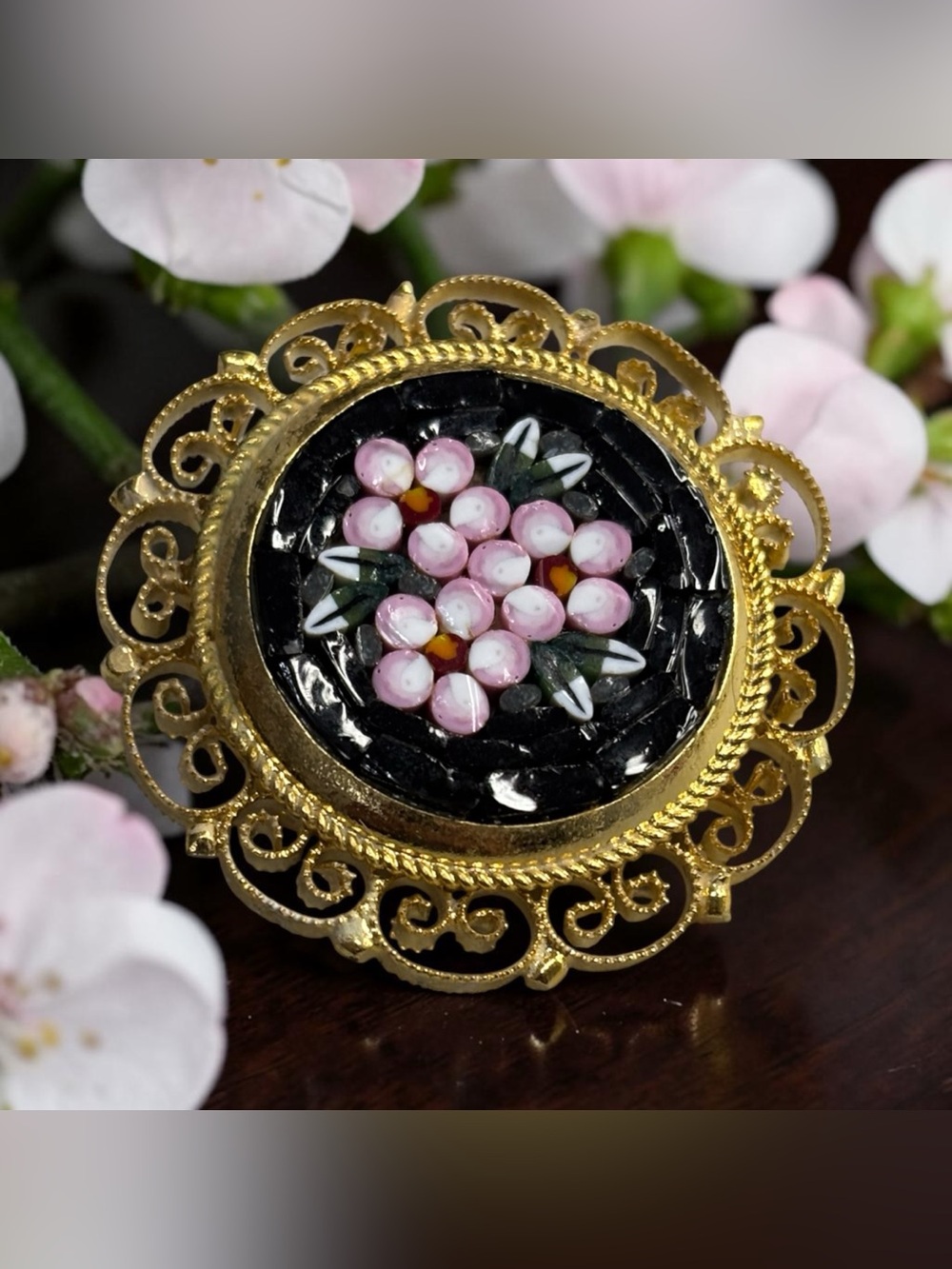 Vintage Italian Mosaic Hand Painted Floral Brooch Pin Black Pink Flowers